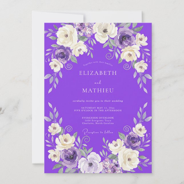 Violet White Ranunculus Eucalyptus Wedding Invitation (Front)