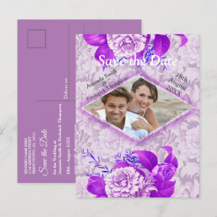 Violet/ White Rose Flowers on Green pattern paper Announcement Postcard