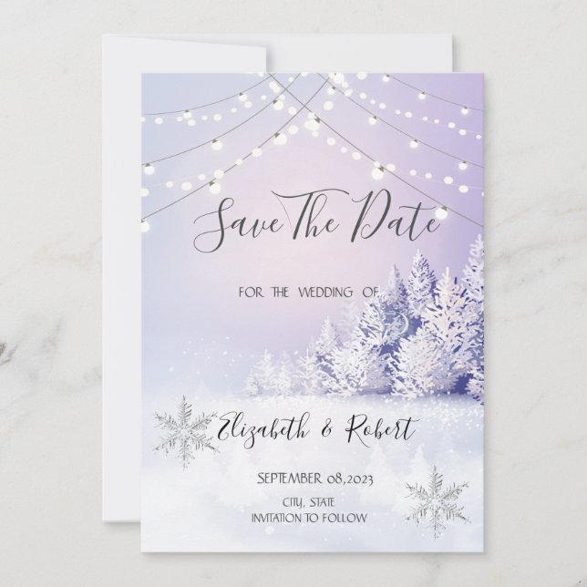 Violet Winter  Forest Snow Lights Save The Date (Front)