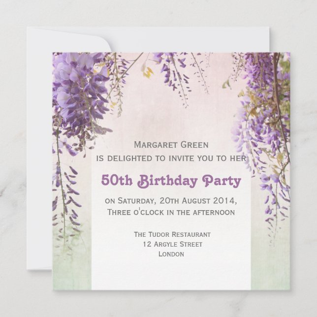 Violet wisteria personalized birthday invitation (Front)