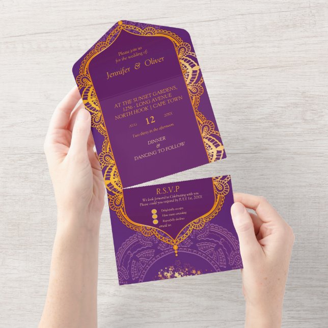 Violet with Gold Mandalas All In One Invitation (Tearaway)