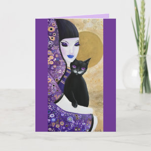 Violet Woman and Cat Whimsical Art Card