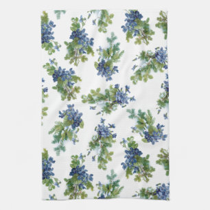 Violets and Snow Covered Pine Branches Kitchen Towel