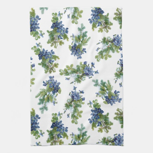 Violets and Snow Covered Pine Branches Kitchen Towel (Vertical)