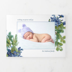 Violets and  Winter Pine Branches Photo Tri-Fold Holiday Card