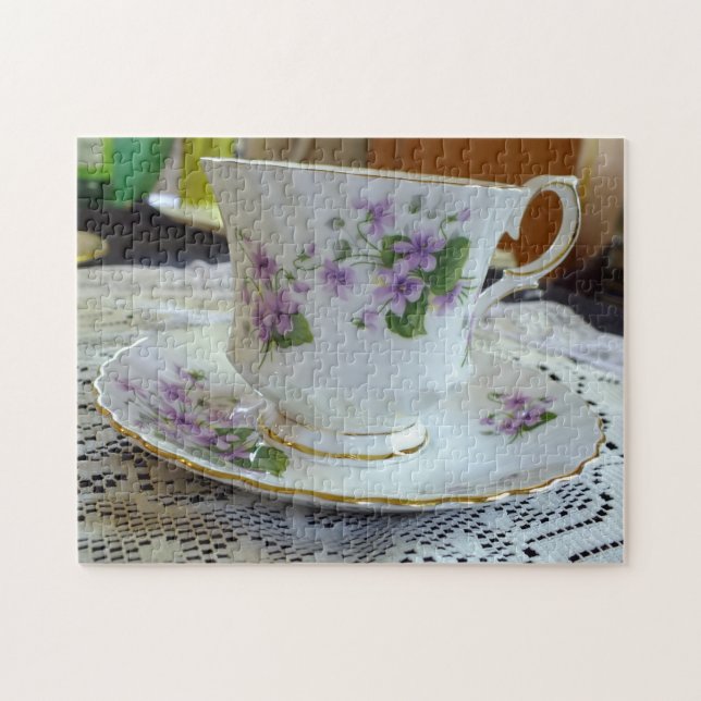 Violets English China Tea Cup and Saucer Jigsaw Puzzle (Horizontal)