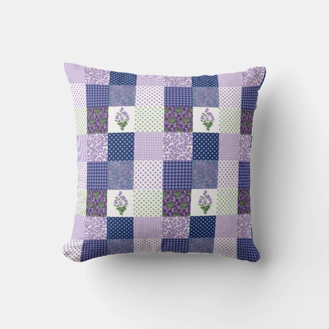 Violets Faux Patchwork with Checks and Polka Dots Throw Pillow (Front)