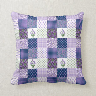 Violets Faux Patchwork with Checks and Polka Dots Throw Pillow