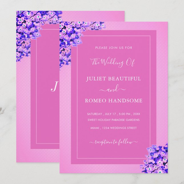 Violets Flower Pink Wedding Invitation Template (Front/Back)