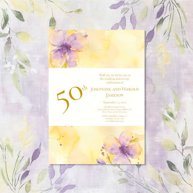 Violets Gold 50th Wedding Anniversary Invitation (Violets Gold 50th Wedding Anniversary Invitation)