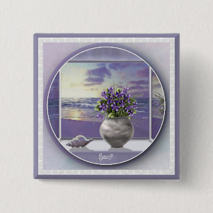 violets in a moon jar 2 inch square button