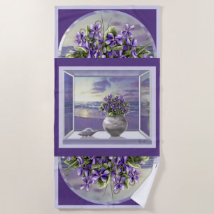 violets in a moon jar beach towel