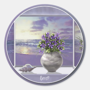 violets in a moon jar classic round sticker