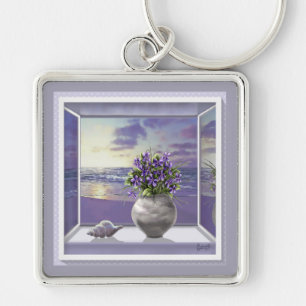violets in a moon jar keychain