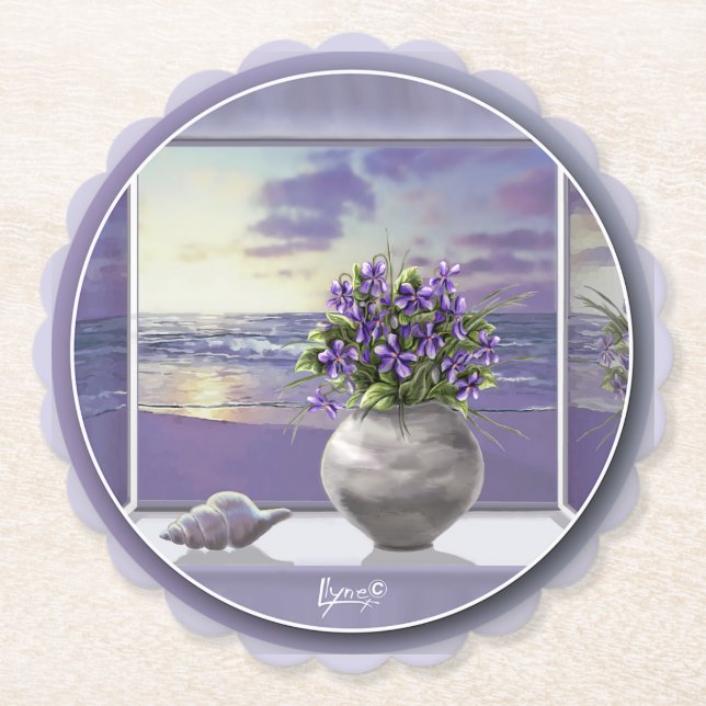 violets in a moon jar paper coaster (Front)