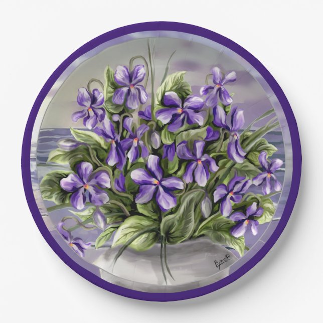 violets in a moon jar paper plate (Front)