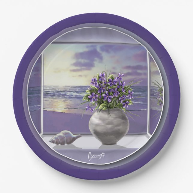 violets in a moon jar paper plate (Front)