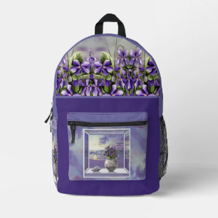 violets in a moon jar printed backpack