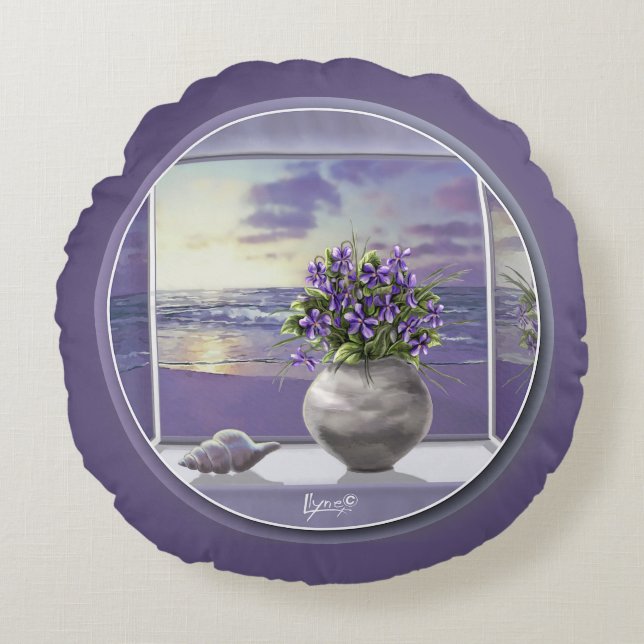 violets in a moon jar round pillow (Front)