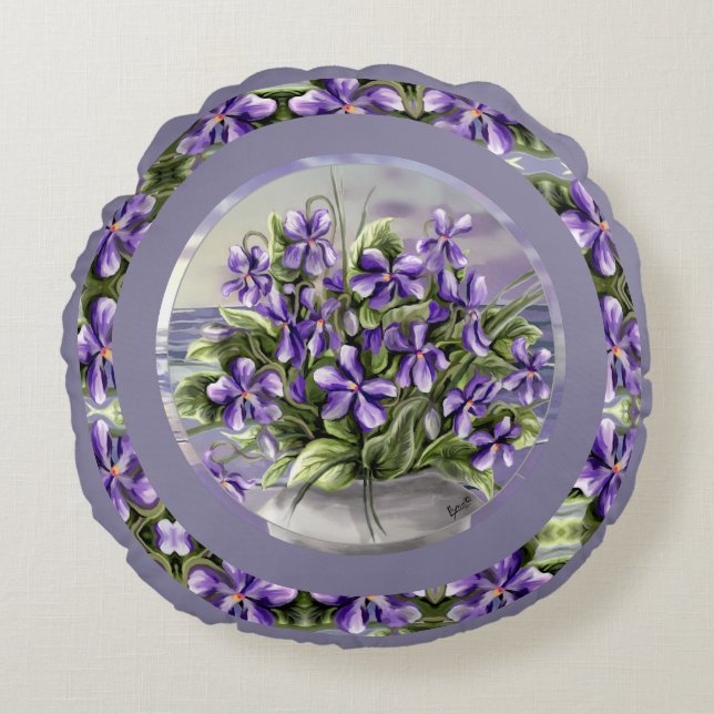 violets in a moon jar round pillow (Front)