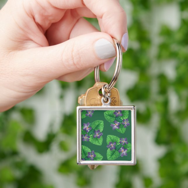 Violets on  emerald green keychain (Hand)