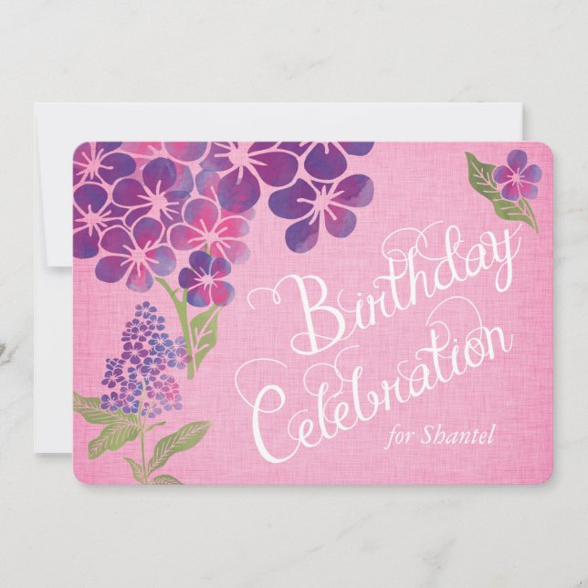 Violets on Pink Linen Custom Birthday Invite (Front)