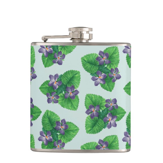 Violets on sea glass blue hip flask (Front)