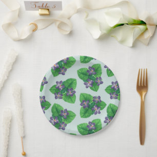 Violets on sea glass blue paper plate