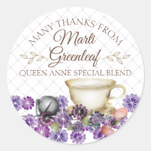 Violets teapot teacup hand blend tea personalized classic round sticker
