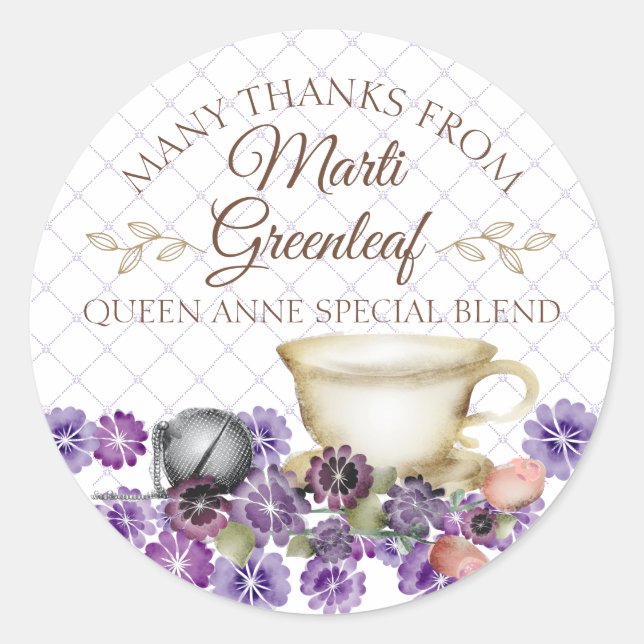 Violets teapot teacup hand blend tea personalized classic round sticker (Front)
