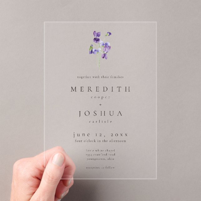 Violets Watercolor Minimalist Elegant Wedding Acrylic Invitations (Insitu (Handheld))