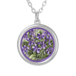 Violettes in a moon jar silver plated necklace