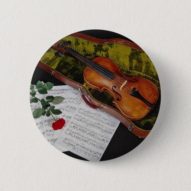 Violin and red rose on black background 2 inch round button (Front)