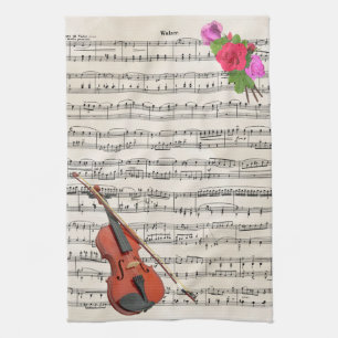 Violin and Roses Vintage Sheet Music Design Kitchen Towel