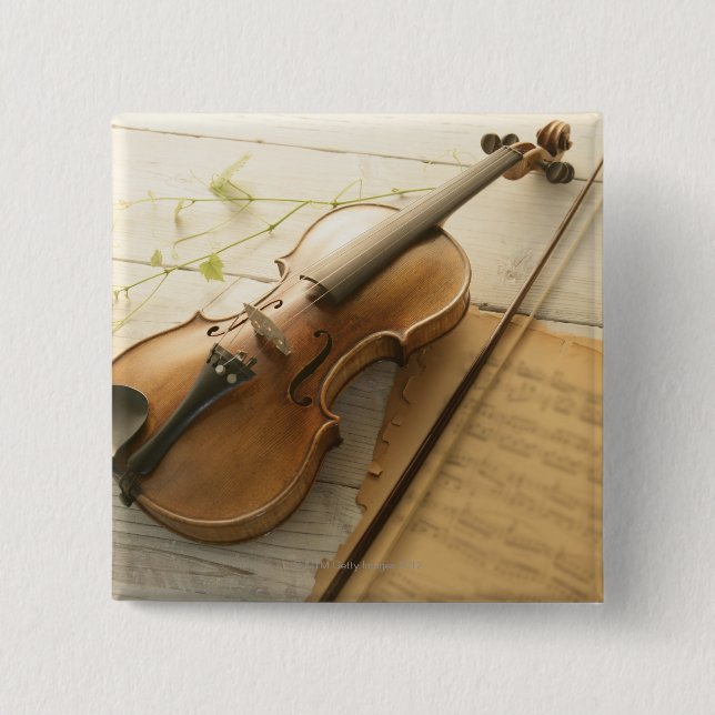 Violin and Sheet Music 2 Inch Square Button (Front)