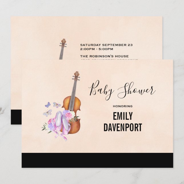 Violin, Ballet Shoes and Butterflies Baby Shower Invitation (Front/Back)