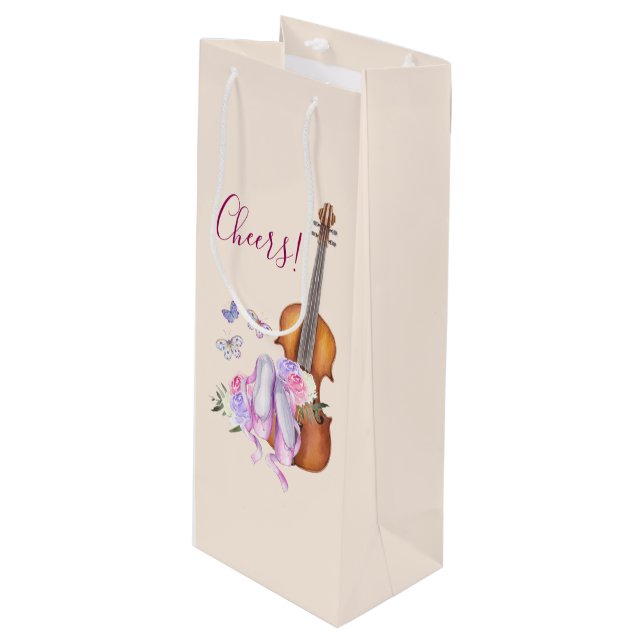 Violin, Ballet Shoes and Butterflies Cheers! Wine Gift Bag (Front Angled)