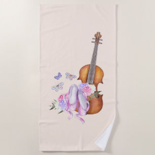 Violin, Ballet Shoes, Flowers and Butterflies Beach Towel