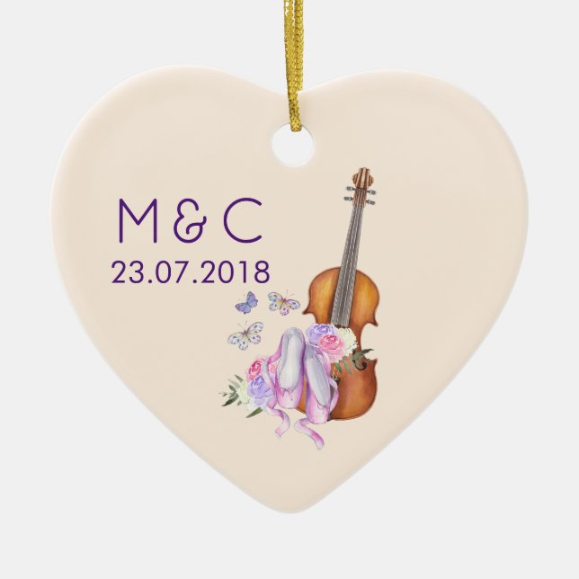Violin, Ballet Shoes, Flowers and Butterflies Ceramic Ornament (Front)