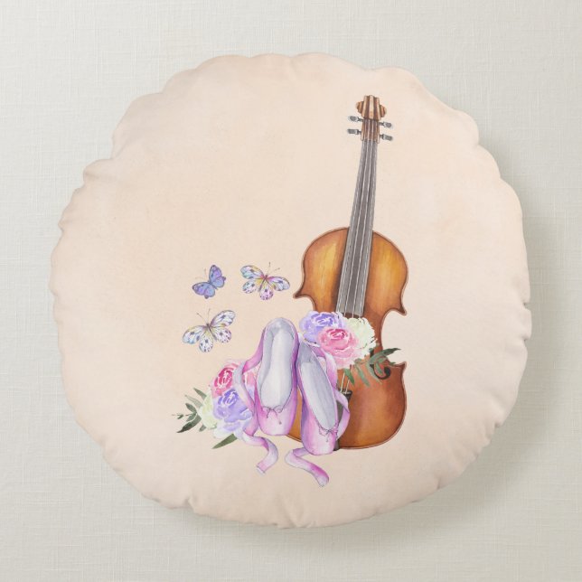 Violin, Ballet Shoes, Flowers and Butterflies Round Pillow (Front)
