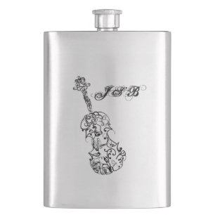 Violin Black Line Drawing Customizable Monogram Hip Flask