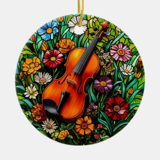 Violin Floral  Ceramic Ornament (Front)