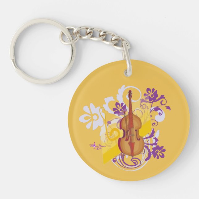 Violin Floral Swirl Gold Round 2-Sided Keychain (Front)