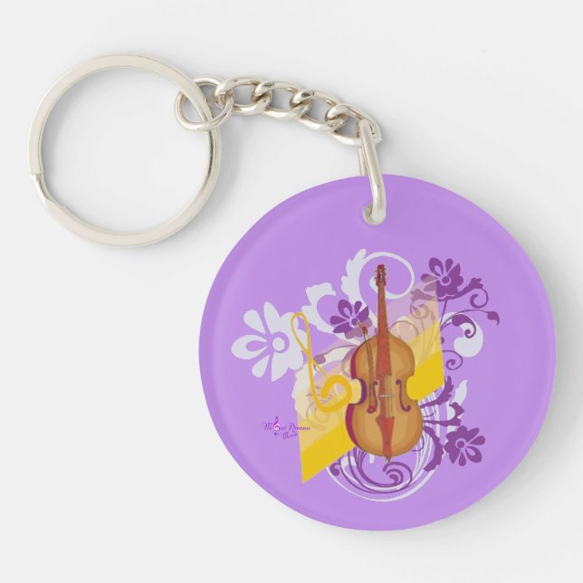 Violin Floral Swirl Purple Round 2-Sided Keychain (Front)