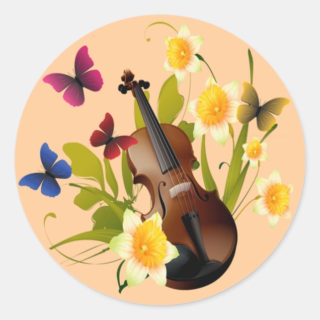 VIOLIN, FLOWERS AND BUTTERFLIES CLASSIC ROUND STICKER (Front)