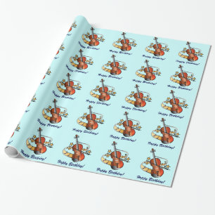 Violin Happy Birthday with Music and Stars Wrapping Paper