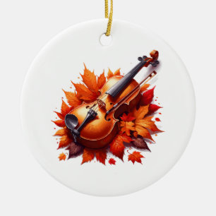 Violin in the bed of leaves ceramic ornament