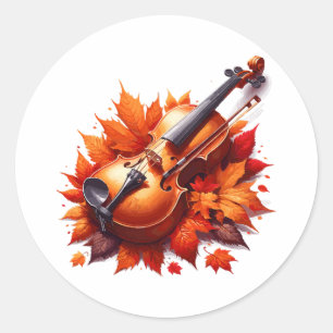 Violin in the bed of leaves classic round sticker