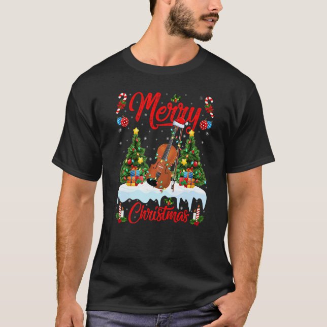 Violin  Lights Xmas Tree Santa Violin Christmas T-Shirt (Front)