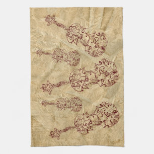 Violin Line Drawings on Old Paper Effect Kitchen Towel